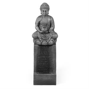 luxenhome gray resin meditating buddha on column lighted outdoor fountain