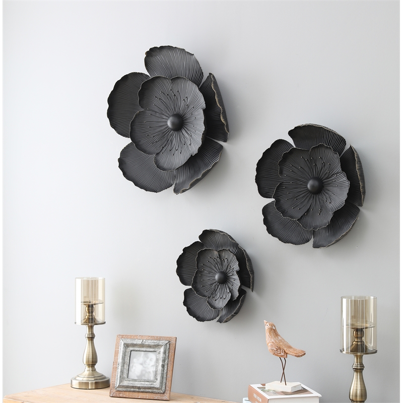 LuxenHome Black with Gold Metal Flowers Wall Decor (Set of 3) Cymax Business