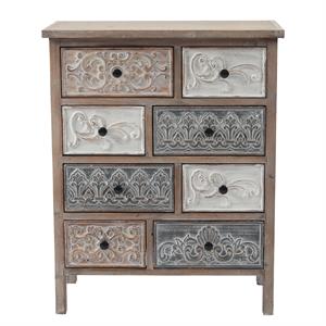 LuxenHome Rustic Carved Wood 8-Drawer Chest Side Table