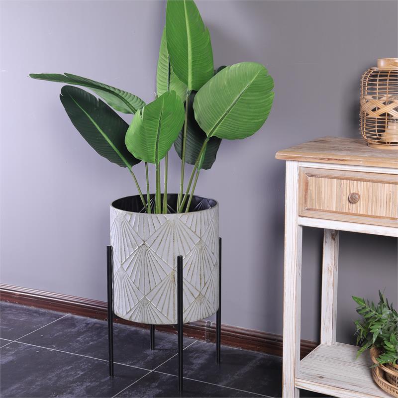 LuxenHöme Three Piece Gray and Gold Metal Planters with Black Stand 