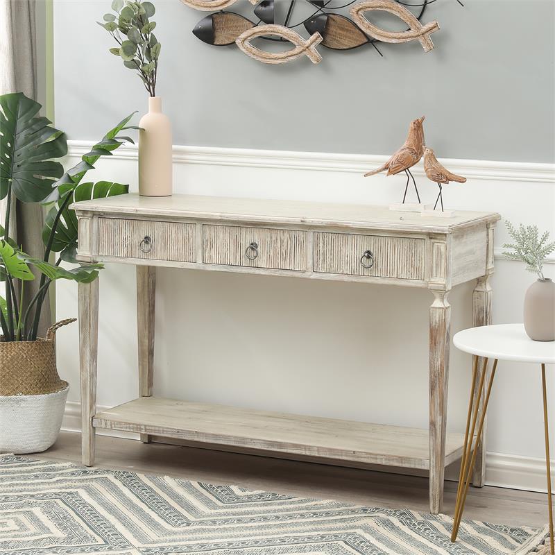 LuxenHome White Washed Wood Three Drawer Console Table Cymax Business