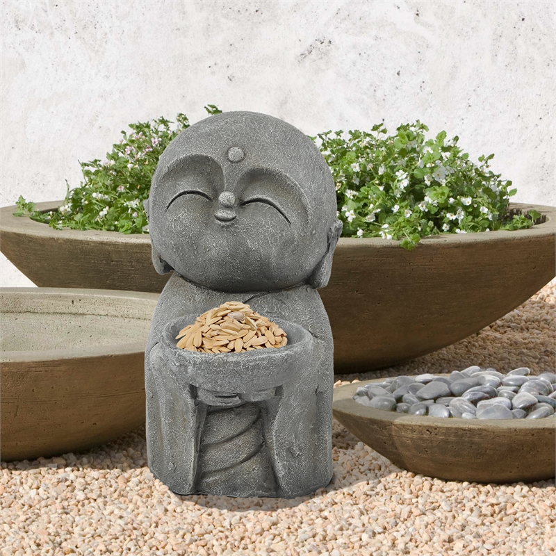 LuxenHome Gray MGO Little Buddha Monk and Bowl Garden Statue