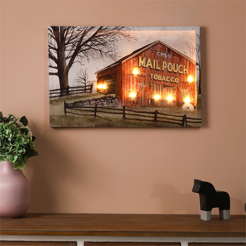 LuxenHome Red Barn Trail Ride Canvas Print Wall Art with LED Lights