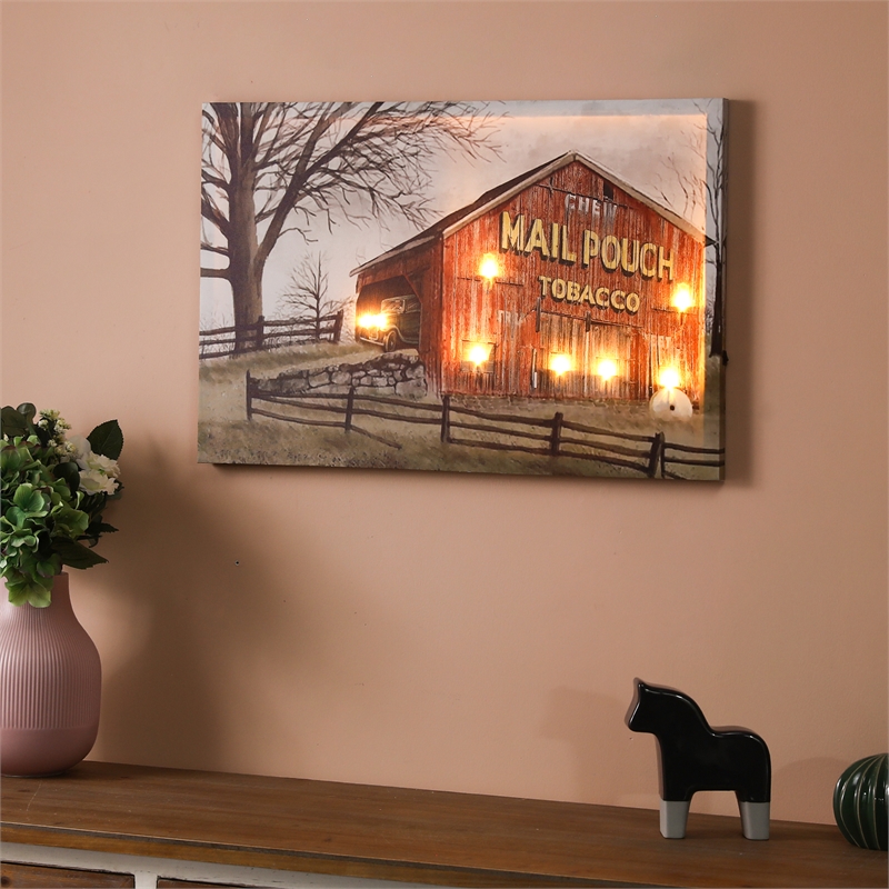 LuxenHome Red Barn Trail Ride Canvas Print Wall Art with LED Lights