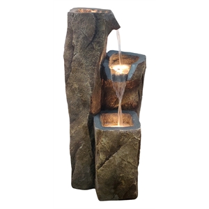 luxenhome gray and brown resin three column rock outdoor fountain with led light