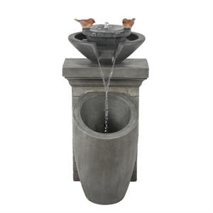 luxenhome gray stone cement column and bowl outdoor fountain with led light