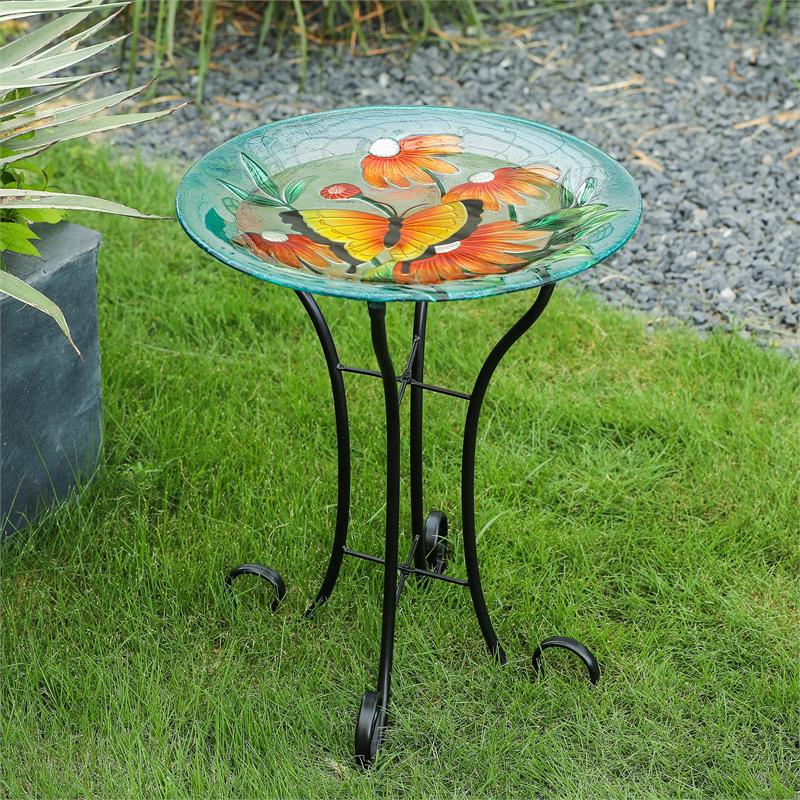 LuxenHome Butterfly and Flowers Glass Bird Bath with Metal Stand