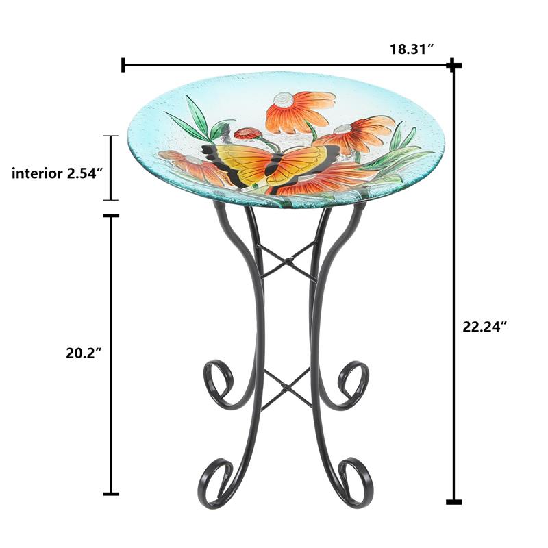 Luxen Home Butterfly and Flowers Glass Bird Bath with Metal Stand - WHP1165