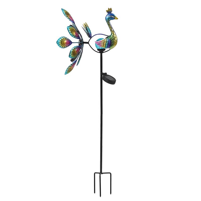 LuxenHome Metal Peacock Solar LED and Wind Spinner Garden Stake | Cymax ...