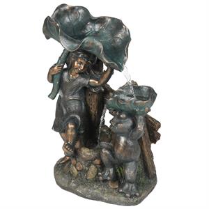 luxenhome bronze resin child and frog lily outdoor fountain with led light