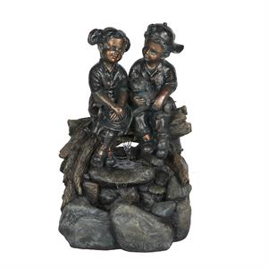 luxenhome resin bronze children and dog lighted outdoor fountain