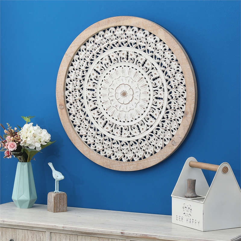 LuxenHome White MDF Wood Round FleurDeLis Wall Decor WHA1256