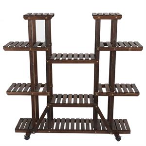 LuxenHome 9-Tier Brown Wood Shelf Mobile Plant Stand