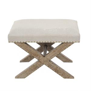LuxenHome Tan Upholstered Wood X-Base Footstool