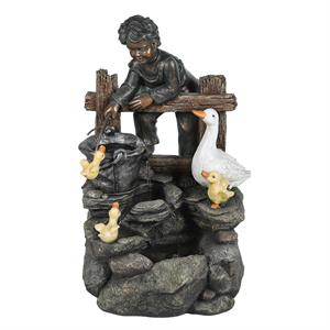 luxenhome resin child and duck family lighted outdoor fountain