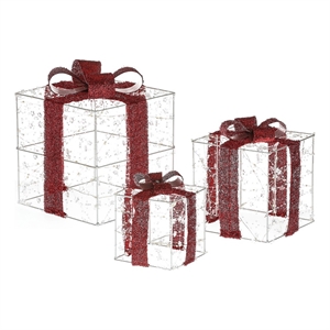 luxenhome set of 3 white and red metal lighted christmas presents