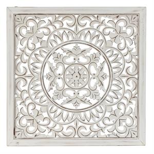 LuxenHome Distressed White Wood Floral Square Wall Decor