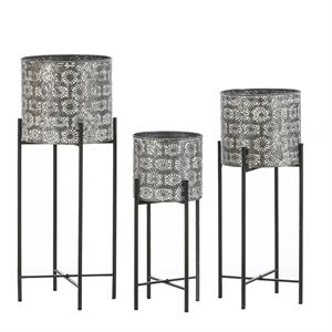luxenhome set of 3 gray metal cachepot planters with black stands