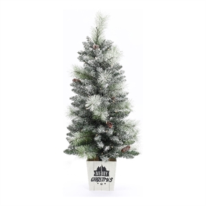 LuxenHome 4Ft Pre-Lit LED Artificial Flocked Pine Christmas Tree with Square Pot