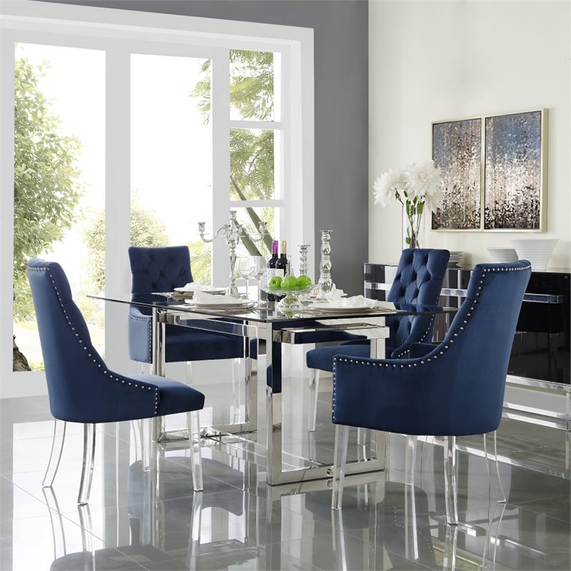 Posh Living Colton Velvet Dining Side Chair with Acrylic Legs - Blue (Set of 2)
