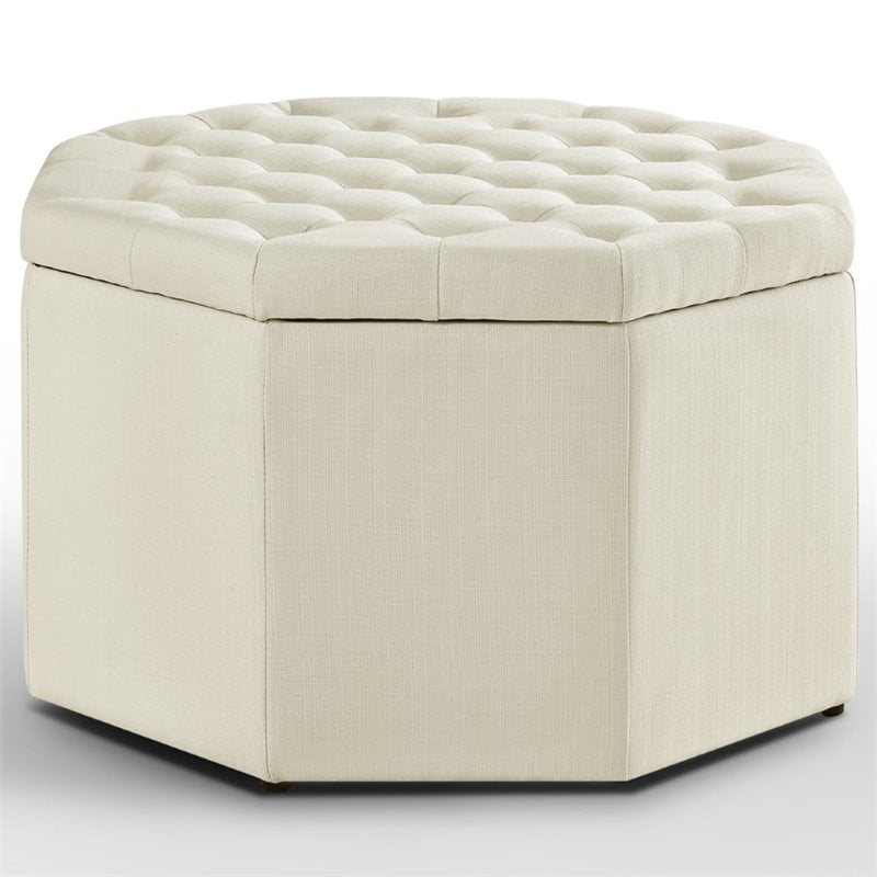 Jeremiah Cream Linen Storage Ottoman - Upholstered Tufted ...