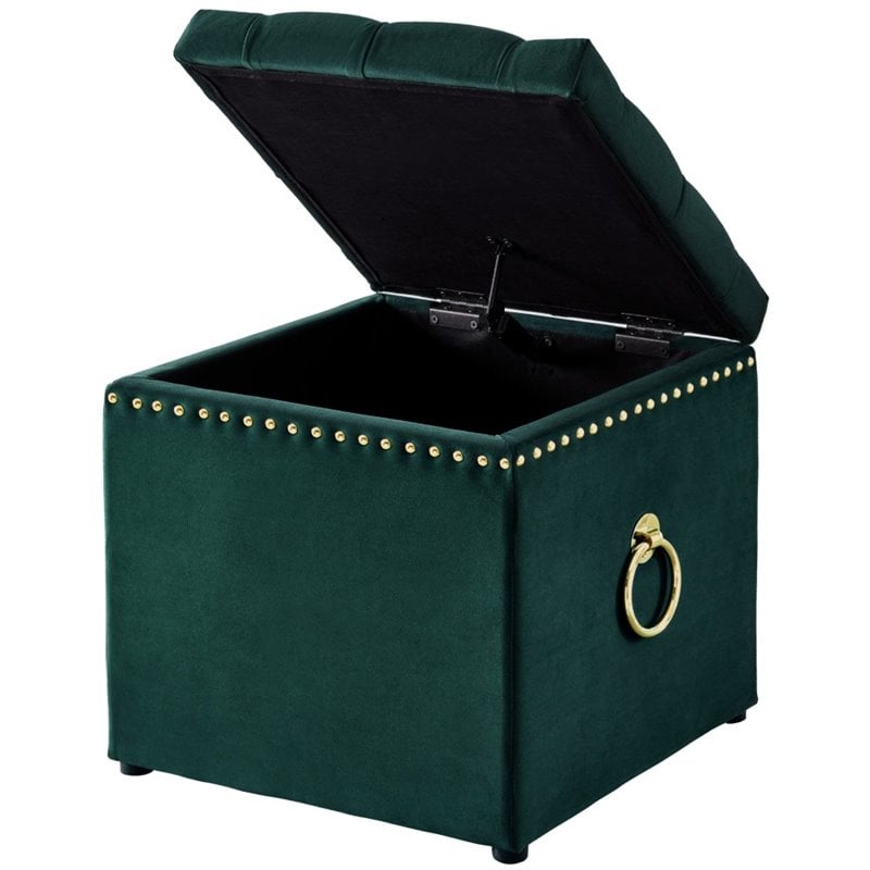 Posh Living Markella Velvet 1Pc Storage Ottoman in Hunter Green/Gold