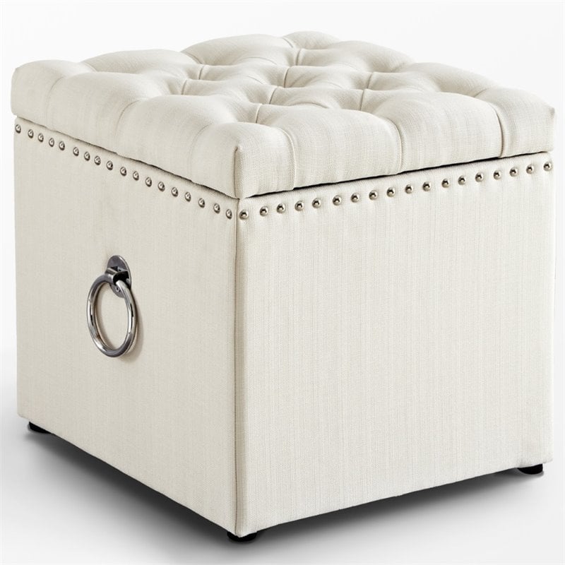 Posh Living Markella Linen Fabric 1Pc Storage Ottoman in Cream White/Chrome