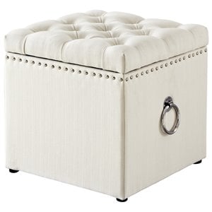 Posh Living Markella Linen Fabric 1Pc Storage Ottoman in Cream White/Chrome