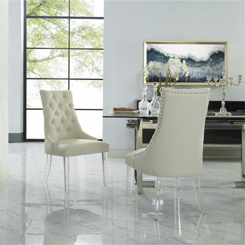 Colton Linen Fabric Dining Side Chair with Acrylic Legs - Cream/White (Set of 2)