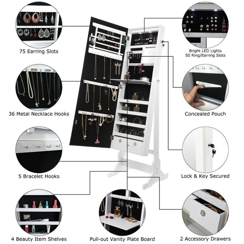Posh Abigail Full Length Mirror Jewelry Armoire & Makeup Storage in Silver