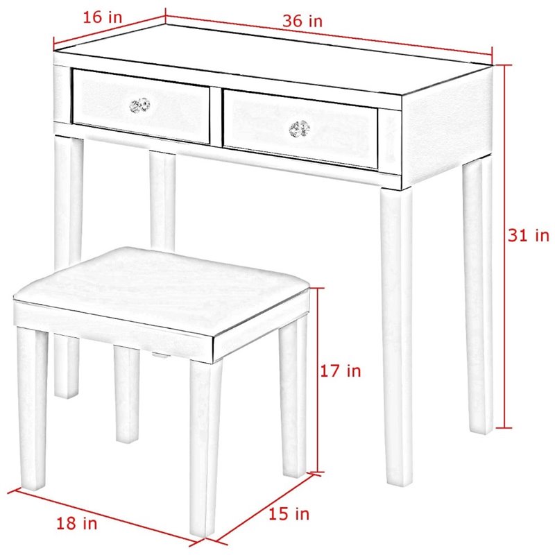 Posh Living Caleb 2-Drawer Mirrored Bedroom Vanity with Stool in White