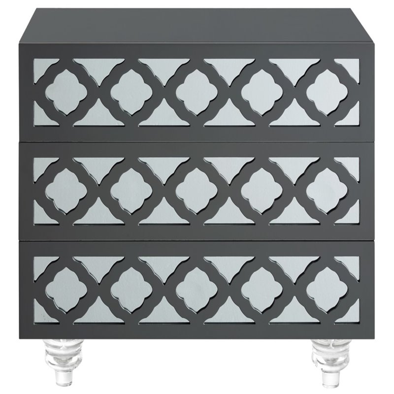 Posh Living Serenity 3-Drawer Mirrored Trellis Pattern Nightstand in Dark Gray