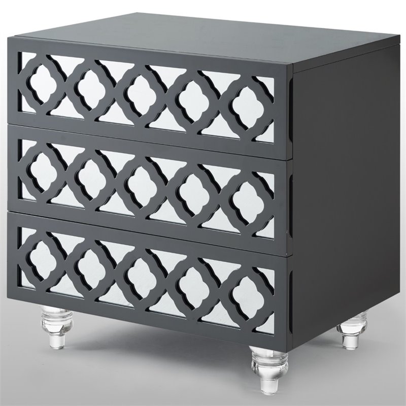 Posh Living Serenity 3-Drawer Mirrored Trellis Pattern Nightstand in Dark Gray