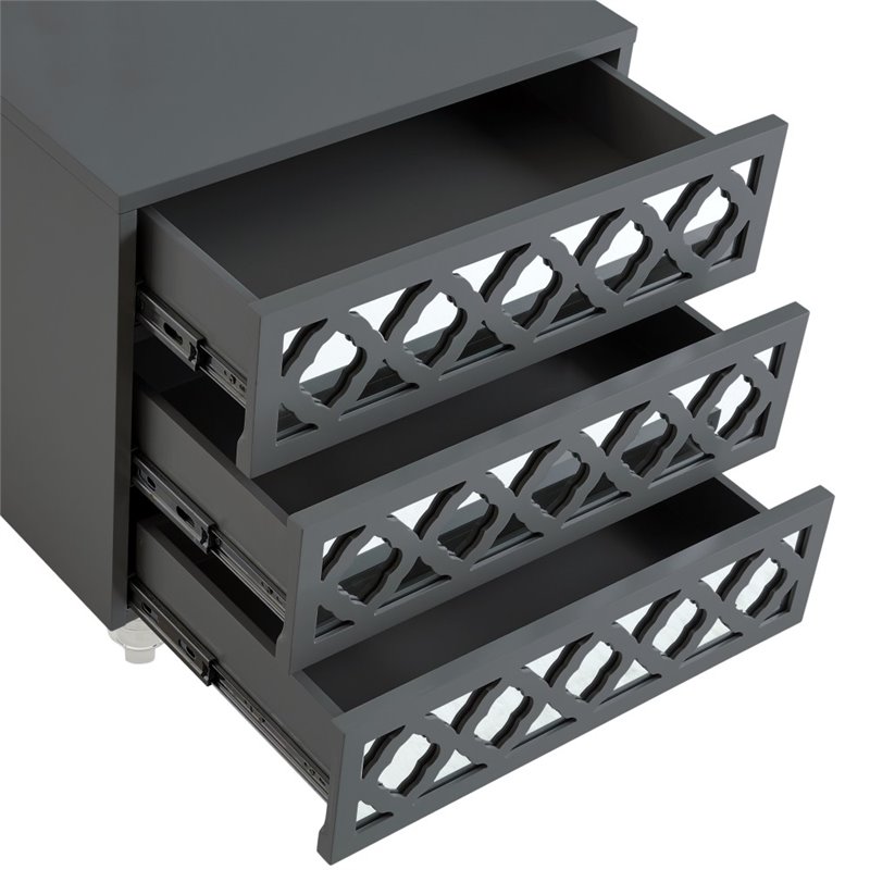 Posh Living Serenity 3-Drawer Mirrored Trellis Pattern Nightstand in Dark Gray