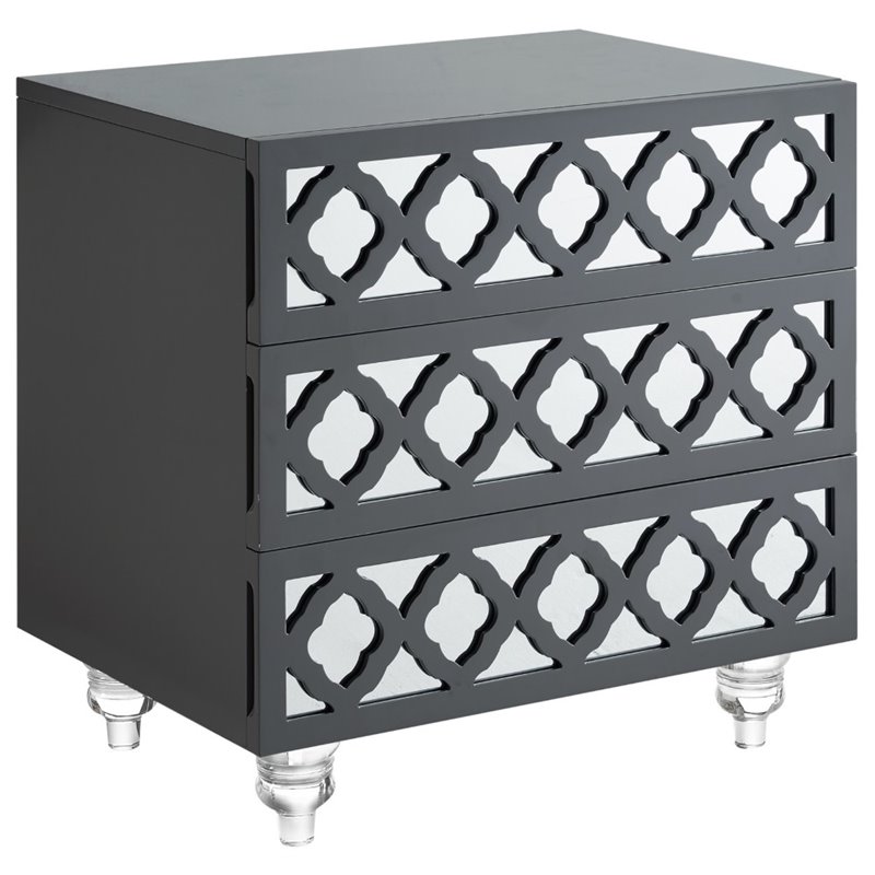 Posh Living Serenity 3-Drawer Mirrored Trellis Pattern Nightstand in Dark Gray
