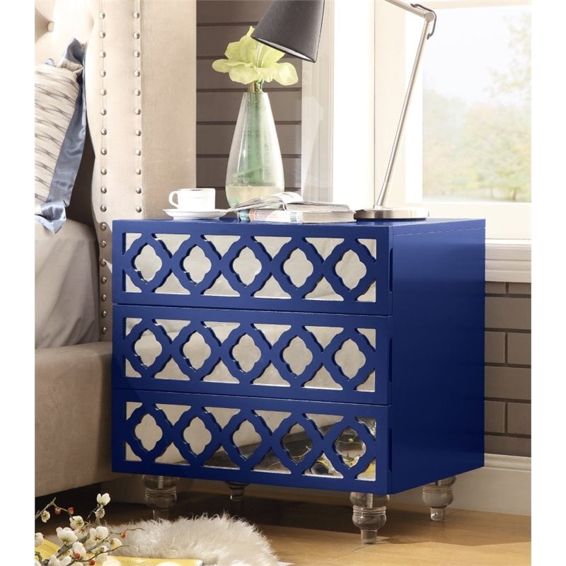 Posh Living Serenity 3-Drawer Mirrored Trellis Pattern Nightstand in Navy Blue