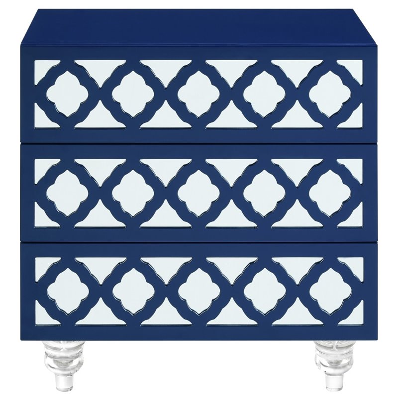 Posh Living Serenity 3-Drawer Mirrored Trellis Pattern Nightstand in Navy Blue