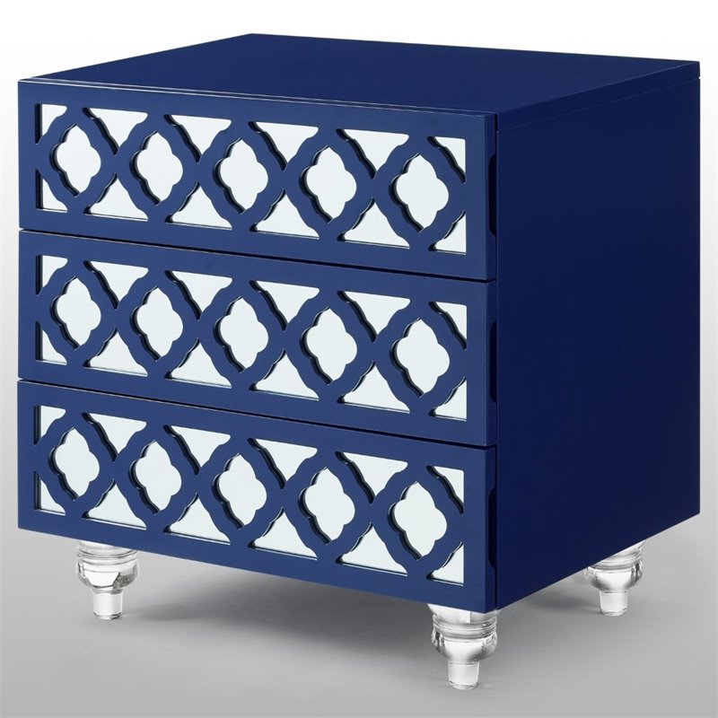 Posh Living Serenity 3-Drawer Mirrored Trellis Pattern Nightstand in Navy Blue