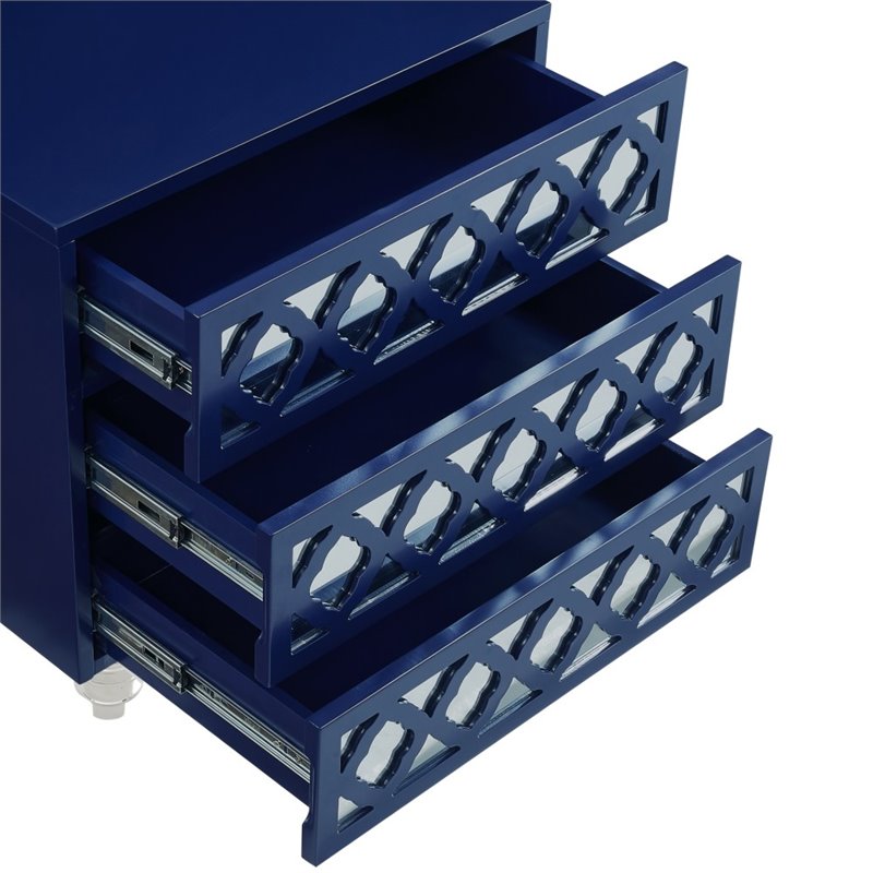 Posh Living Serenity 3-Drawer Mirrored Trellis Pattern Nightstand in Navy Blue