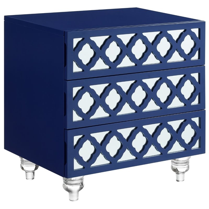 Posh Living Serenity 3-Drawer Mirrored Trellis Pattern Nightstand in Navy Blue