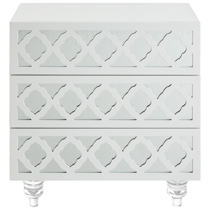 Posh Living Serenity 3-Drawer Mirrored Trellis Pattern Nightstand in White