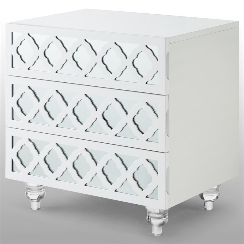 Posh Living Serenity 3-Drawer Mirrored Trellis Pattern Nightstand in White