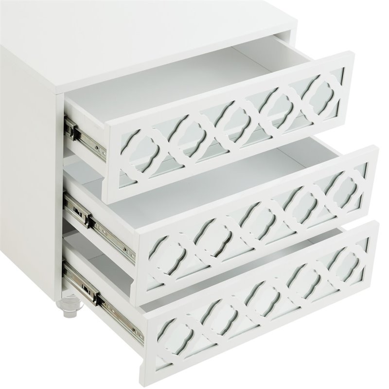 Posh Living Serenity 3-Drawer Mirrored Trellis Pattern Nightstand in White