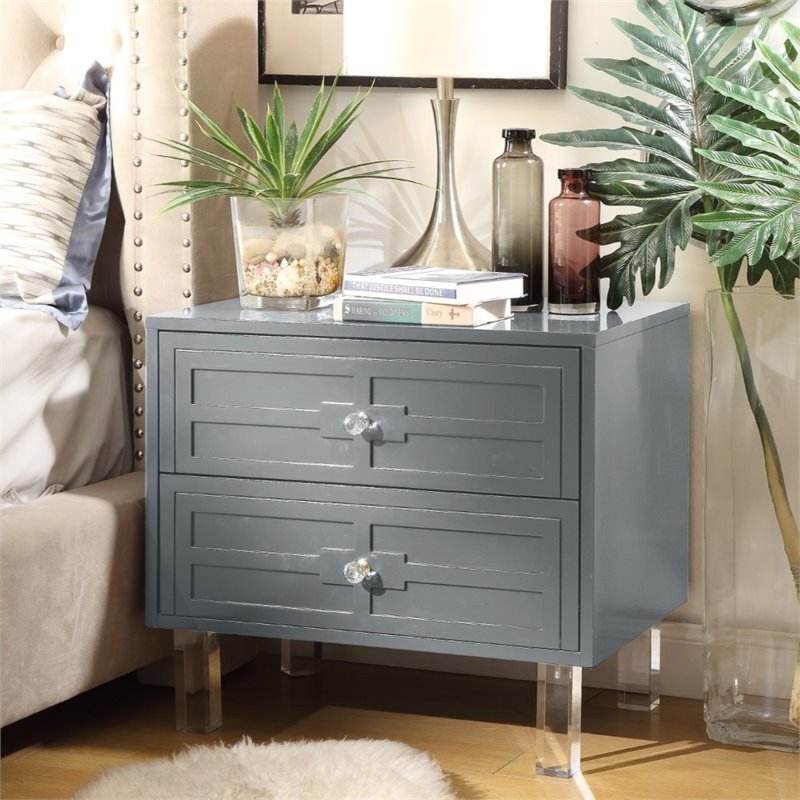 Posh Living Peyton Modern 2-Drawer Nightstand with Lucite Legs in Dark Gray
