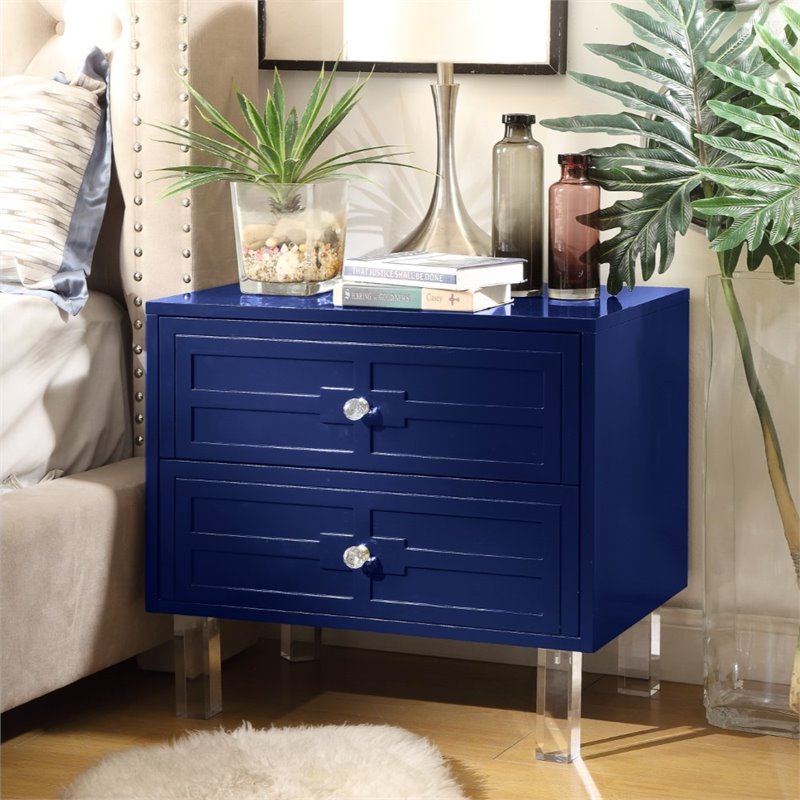 Posh Living Peyton Modern 2-Drawer Nightstand with Lucite Legs in Navy Blue