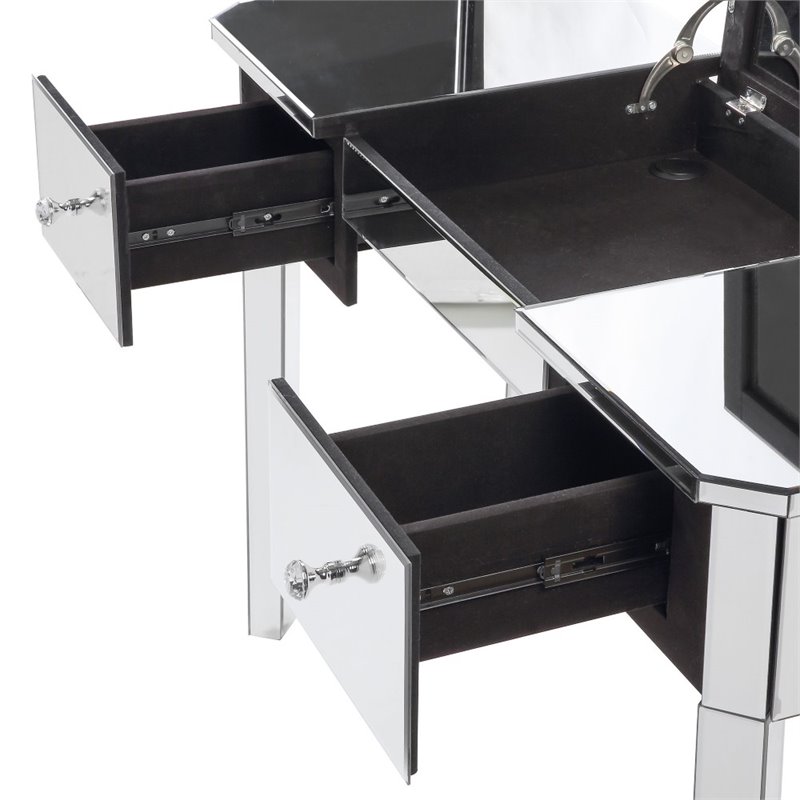 Posh Living Rylee Mirrored Bedroom Vanity with Lift-up Top Jewelry Holder Black