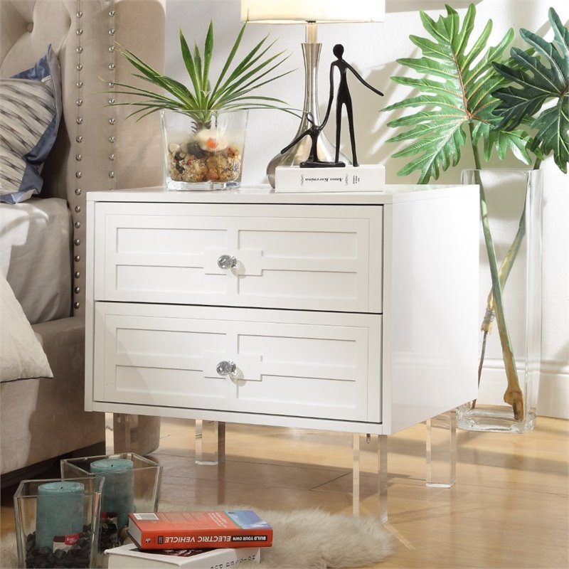 Posh Living Peyton Modern 2-Drawer Nightstand with Lucite Legs in White