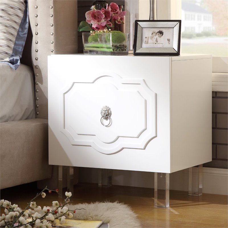 Posh Living Mackenzie 2-Hidden Shelf Nighstand with Lucite Legs in White