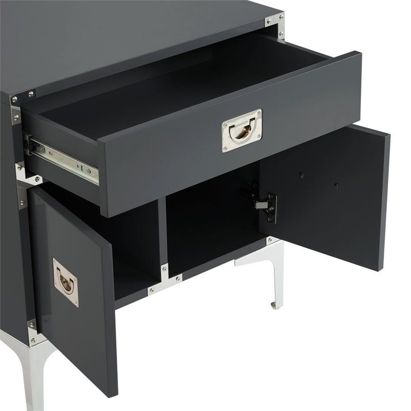 Posh Living Aubree 1-Drawer Nightstand with Corner Brackets in Gray/Chrome