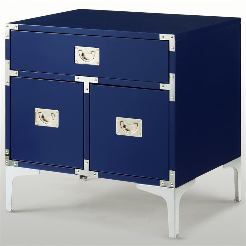 Aubree Navy Blue Lacquer Finish Nightstand Chrome Legs Side
